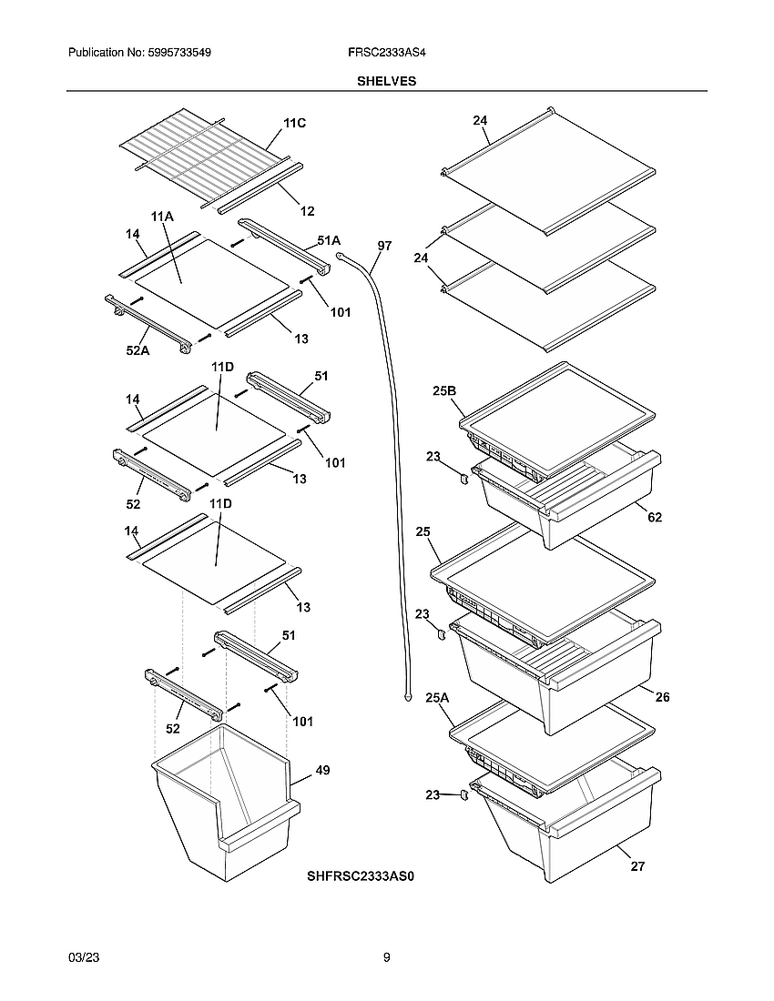 Shelves Diagram and Parts List for FRSC2333AS4A  Electrolux Refrigerator