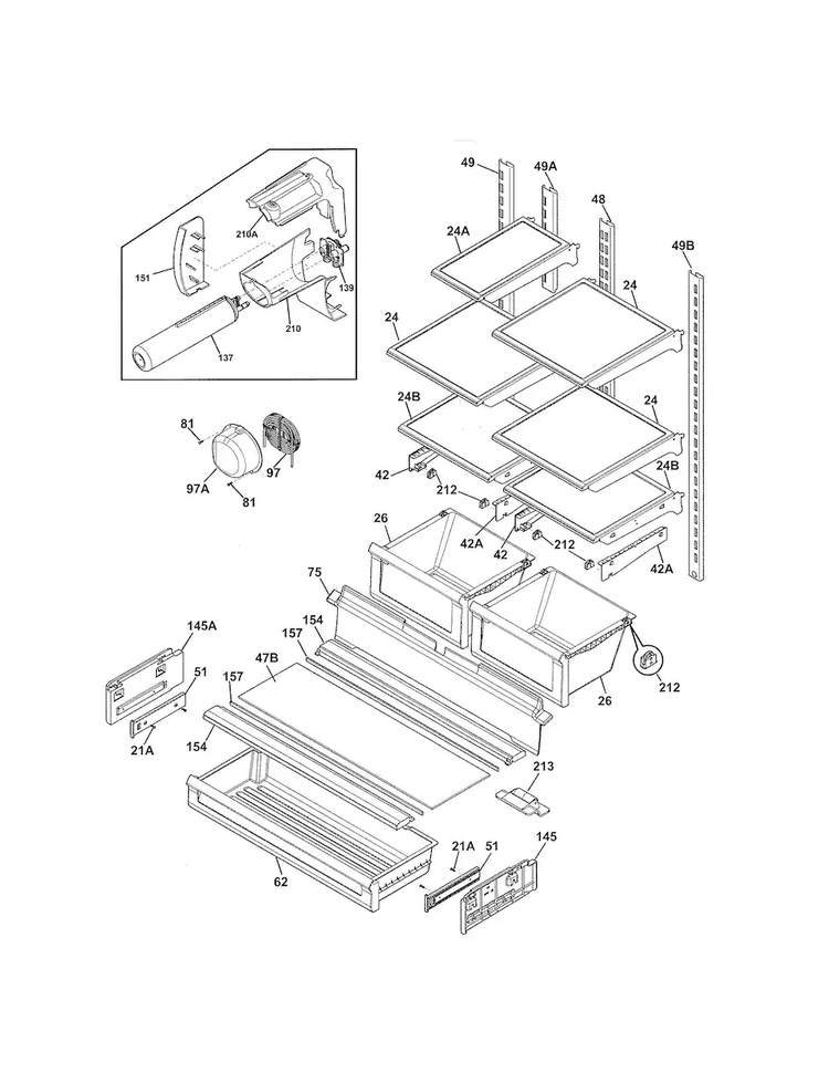 Shelves Diagram and Parts List for 25370443410  Kenmore Refrigerator