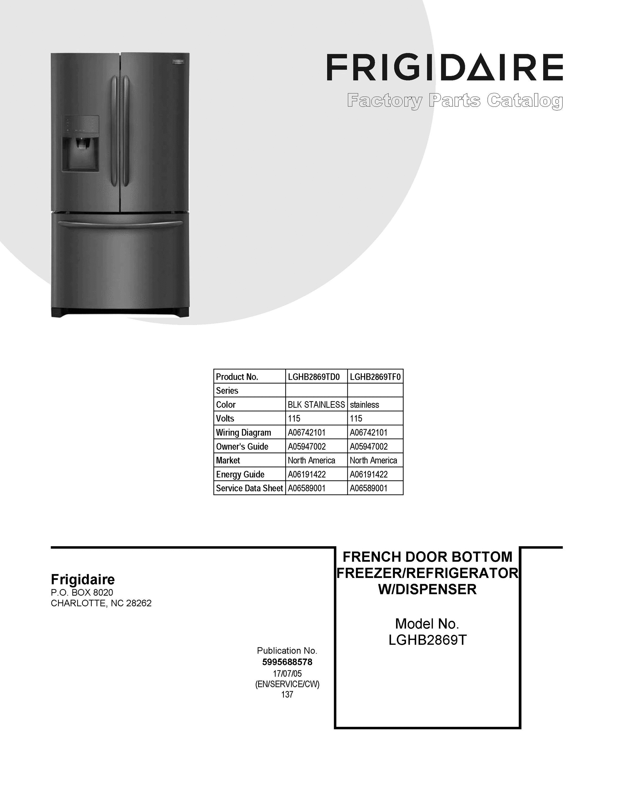 01 - COVER SHEET Diagram and Parts List for LGHB2869TD0  Frigidaire Refrigerator