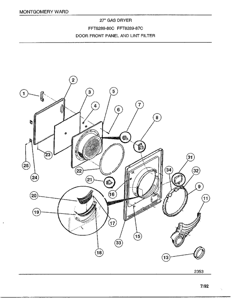 Door Front Panel And Lint Filter Diagram and Parts List for 8289-80C  Frigidaire Dryer