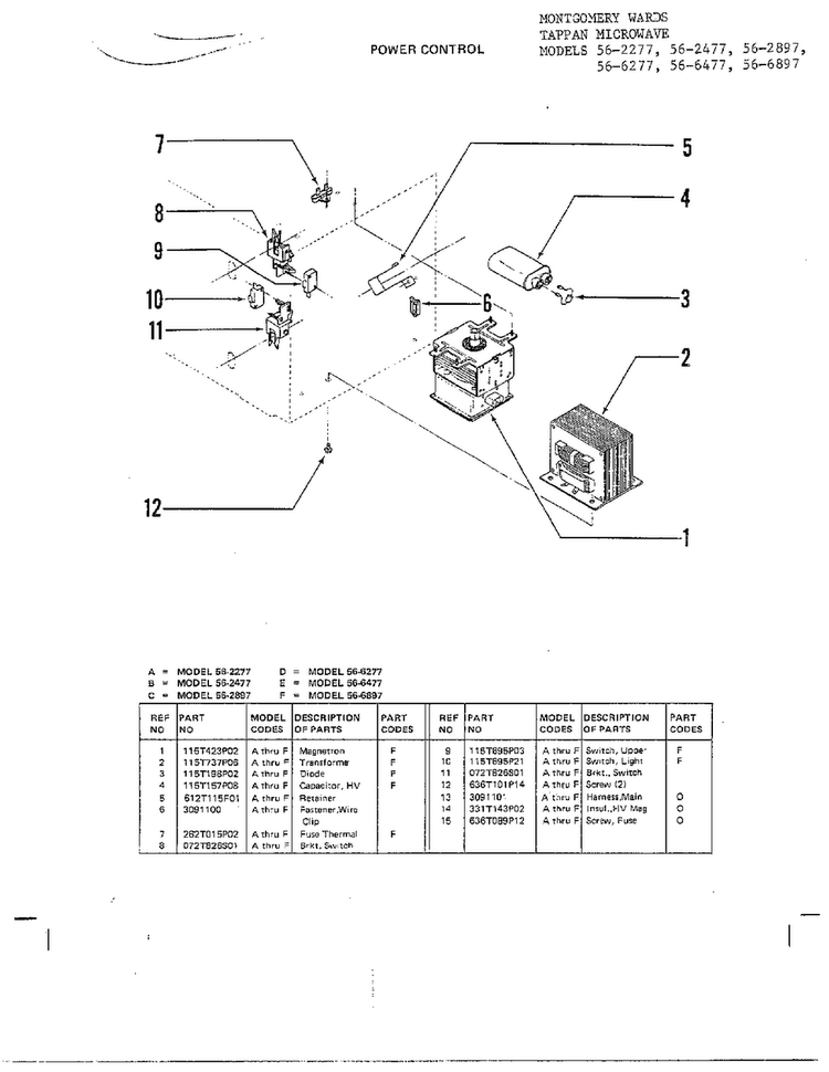 Power Control Diagram and Parts List for 56-2477  Frigidaire Microwave