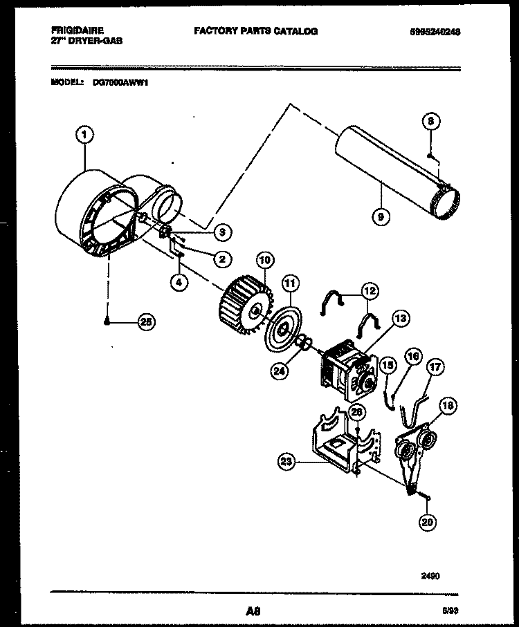 BLOWER AND DRIVE PARTS Diagram and Parts List for DG7000AWW1  Frigidaire Dryer