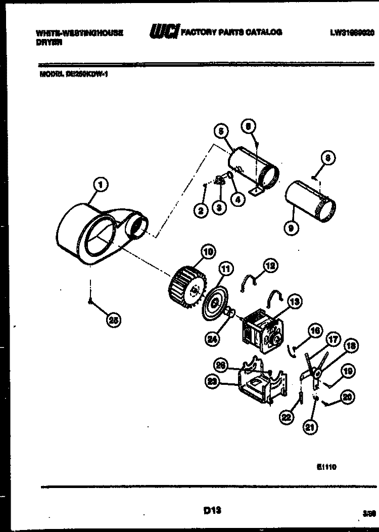 MOTOR AND BLOWER PARTS Diagram and Parts List for DE250KDH1  Frigidaire Dryer