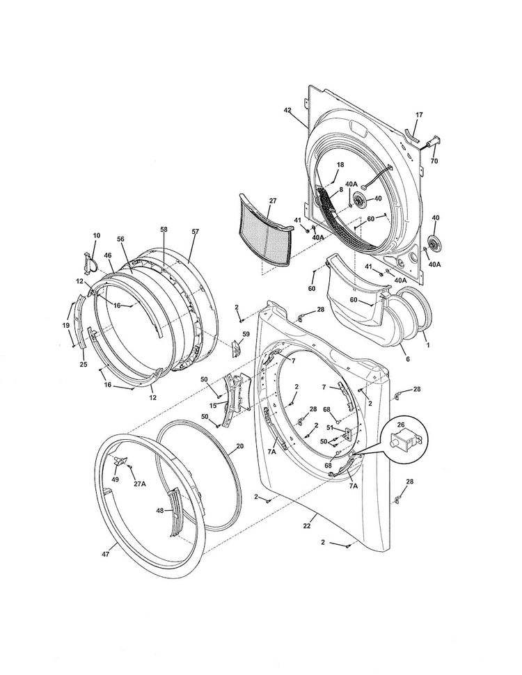 Front Panel/lint Filter Diagram and Parts List for EIMED55IMB3  Electrolux Dryer