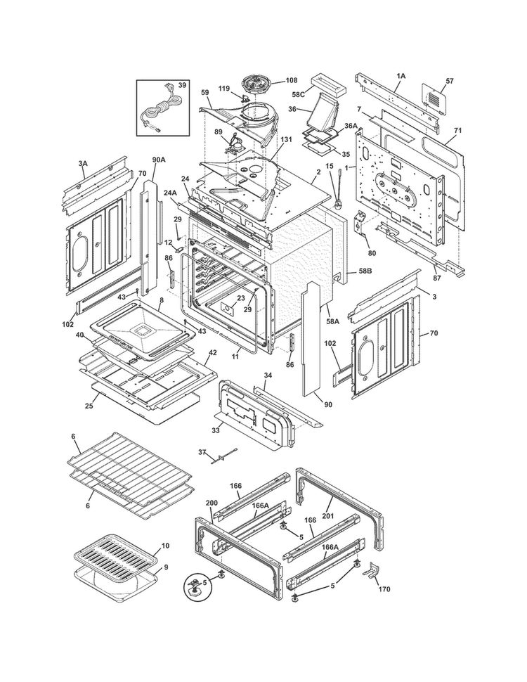 Body Diagram and Parts List for FFGS3025PBA  Frigidaire Range