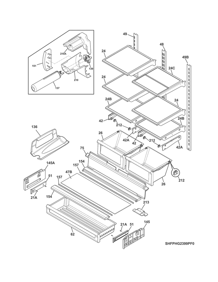 Shelves Diagram and Parts List for FPHG2399PF2A  Frigidaire Refrigerator