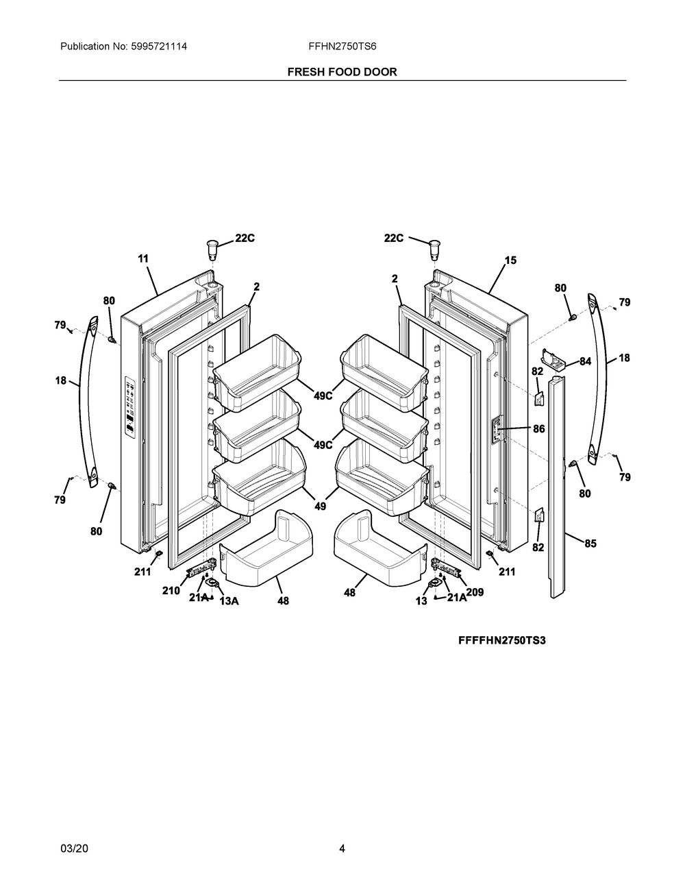Fresh Food Door Diagram and Parts List for FFHN2750TS6  Frigidaire Refrigerator