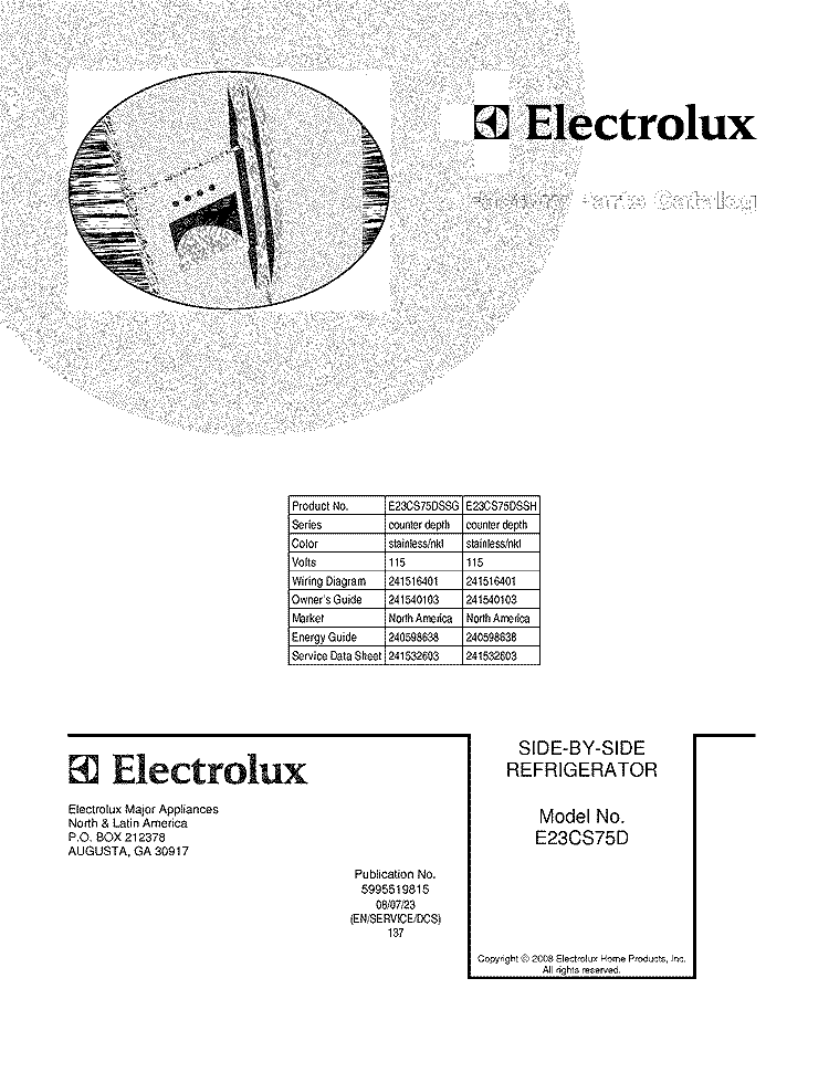 COVER Diagram and Parts List for E23CS75DSSH  Electrolux Refrigerator