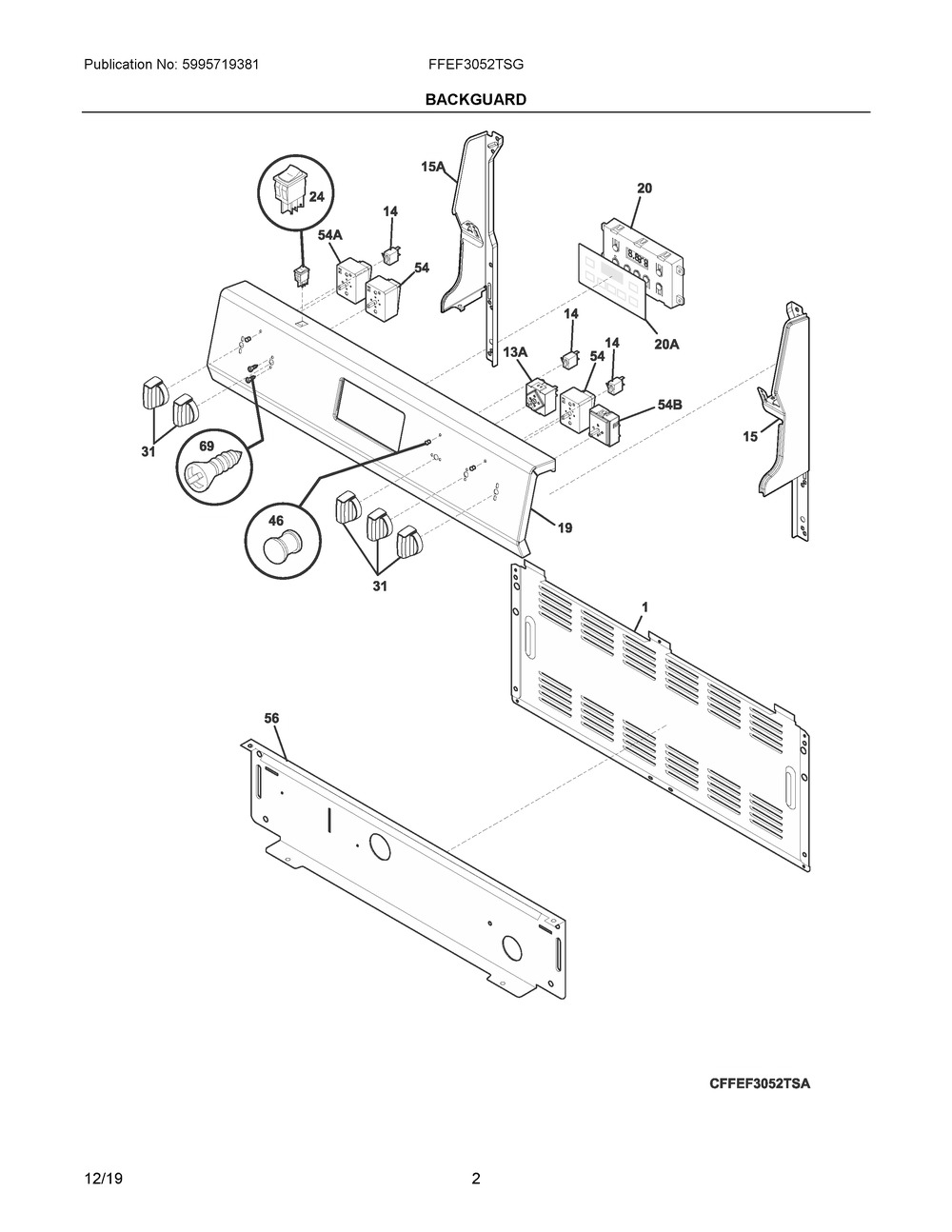 Backguard Diagram and Parts List for FFEF3052TSG  Frigidaire Range