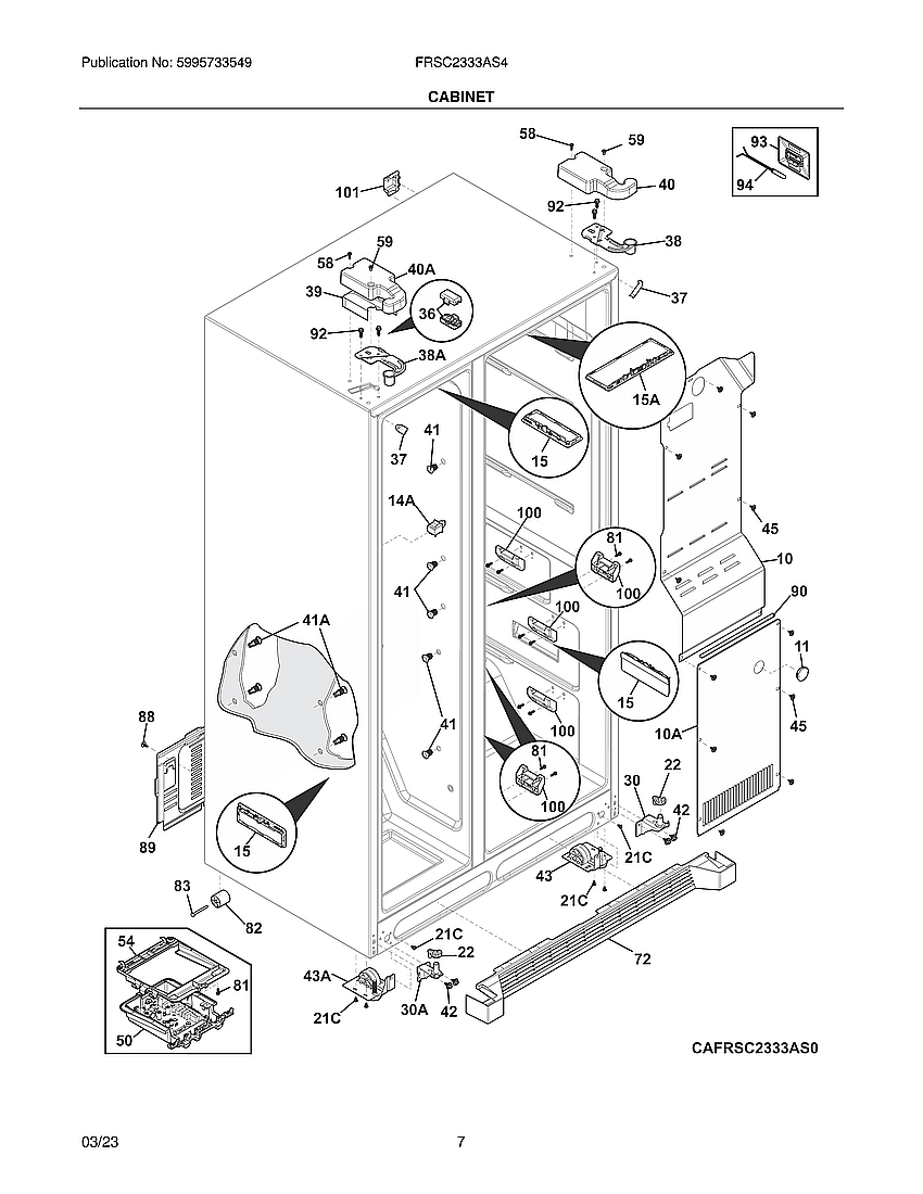Cabinet Diagram and Parts List for FRSC2333AS4A  Electrolux Refrigerator