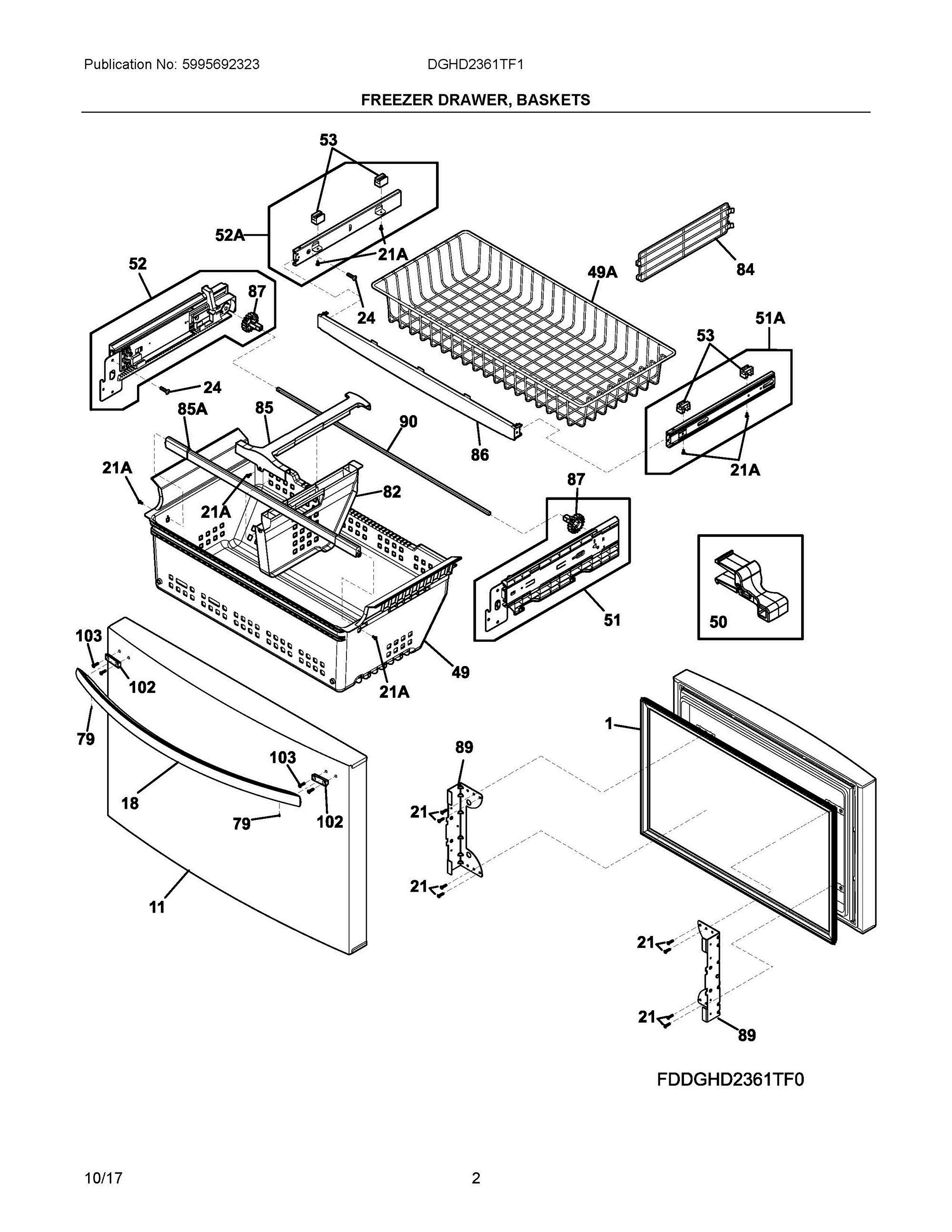 02 - FREEZER DRAWER, BASKETS Diagram and Parts List for DGHD2361TF1  Frigidaire Refrigerator