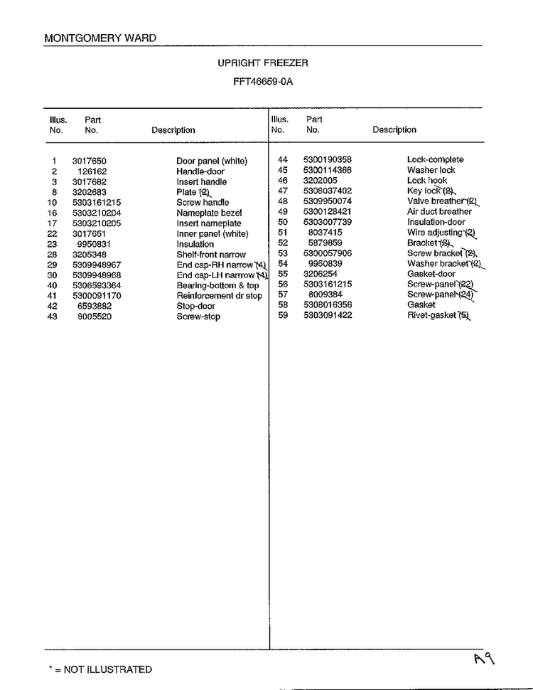 Upright Freezer Page 2 Diagram and Parts List for 46659A  Frigidaire Freezer