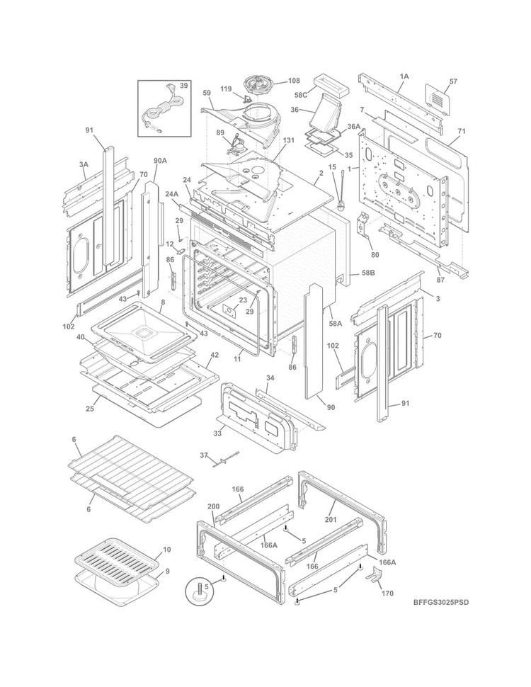 Body Diagram and Parts List for FFGS3025PSG  Frigidaire Range