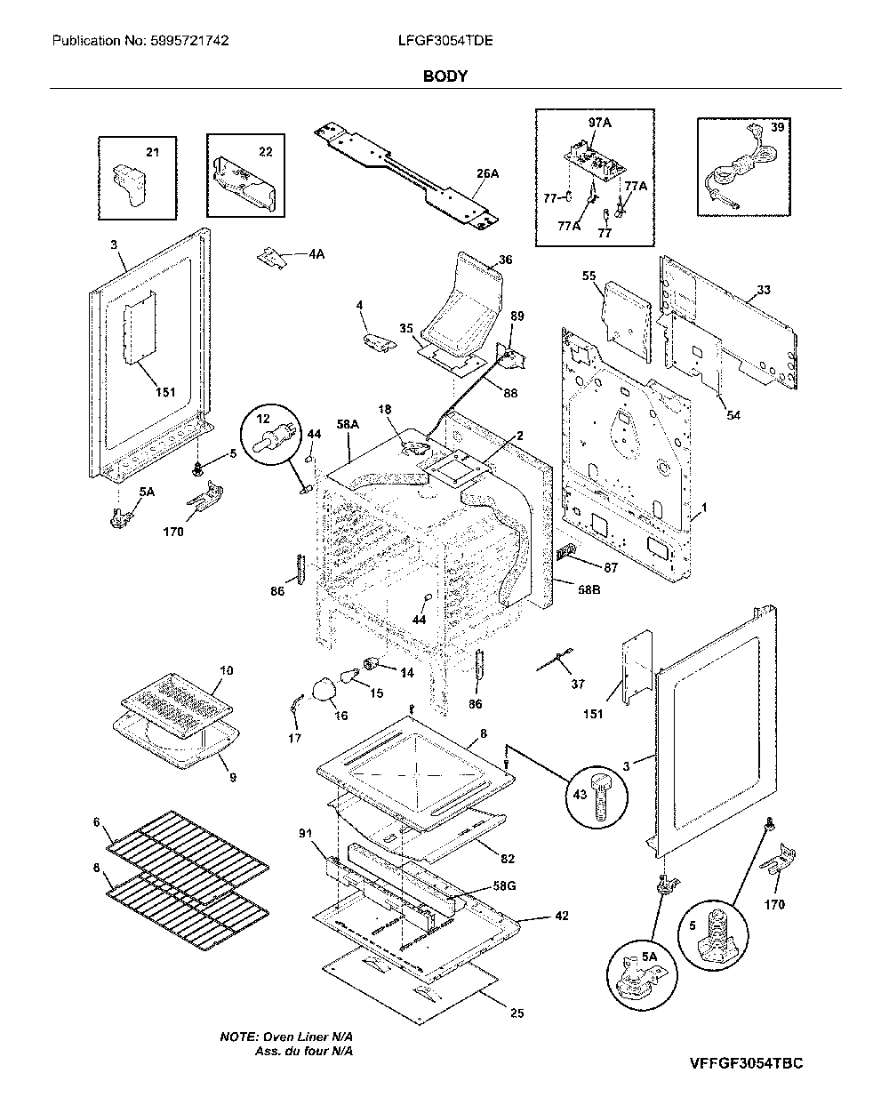 Body Diagram and Parts List for LFGF3054TDE  Frigidaire Range