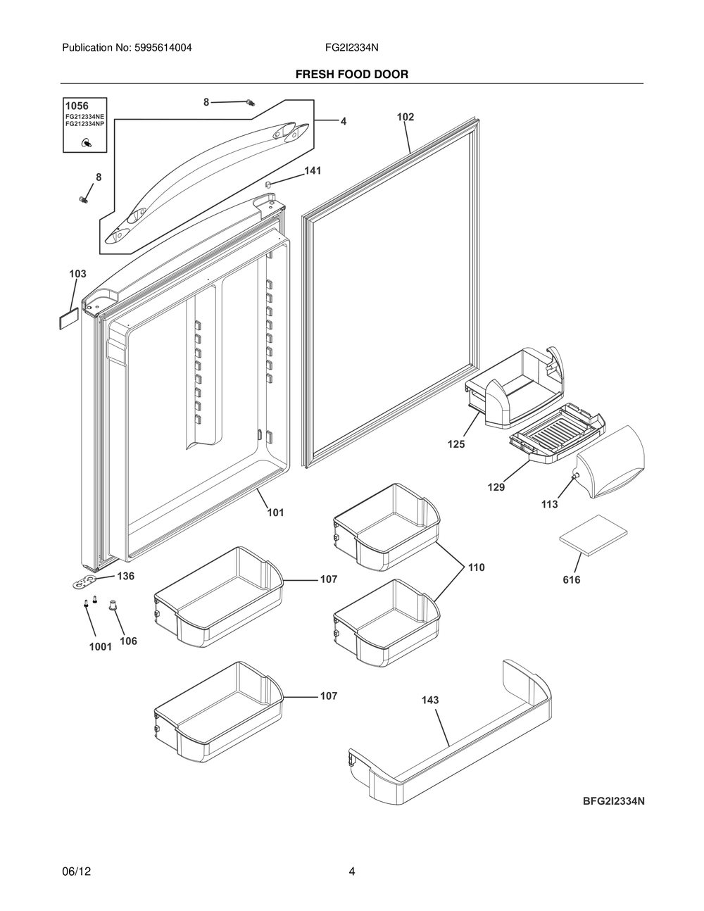 Fresh Food Door Diagram and Parts List for FG2I2334NE  Frigidaire Refrigerator