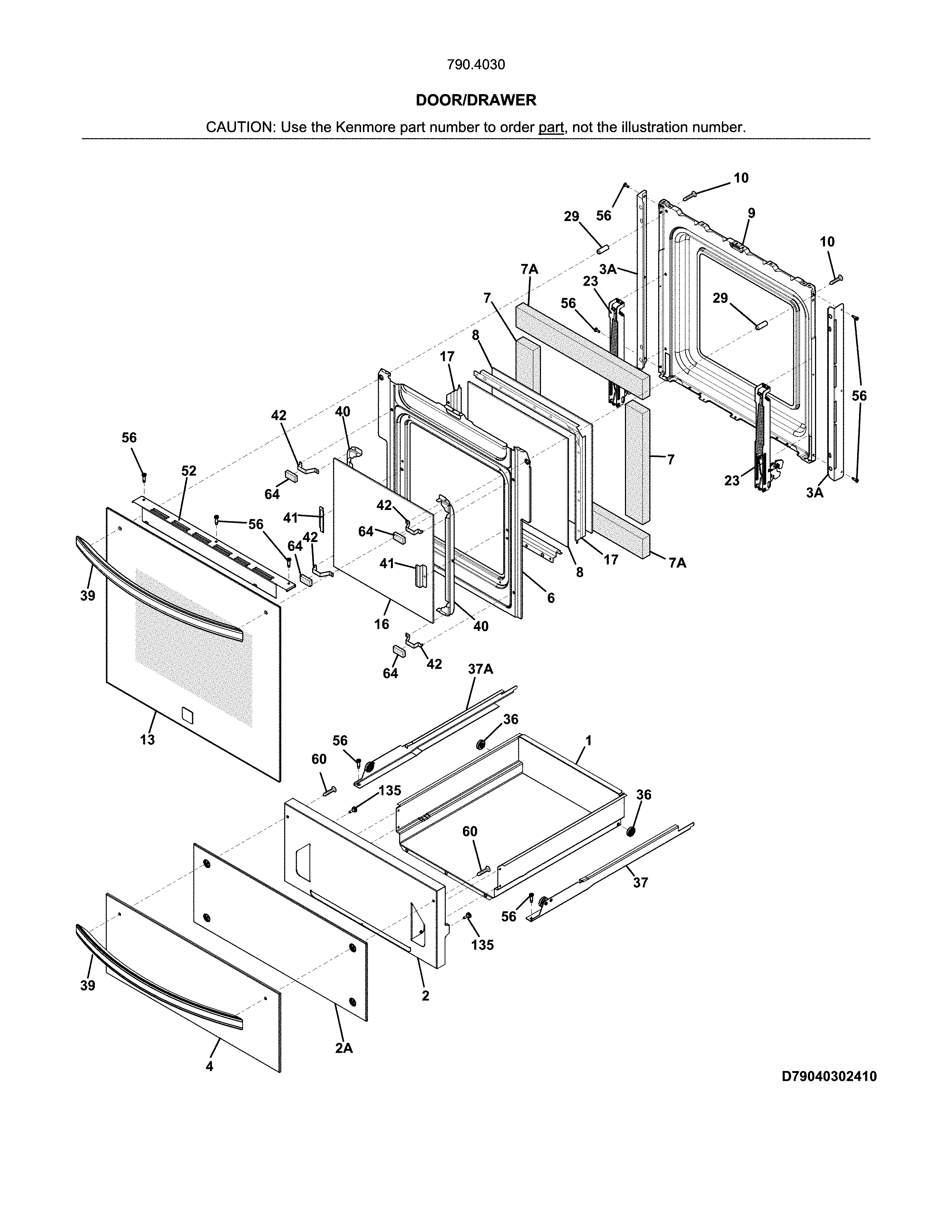 Door/drawer Diagram and Parts List for 79040309411  Kenmore Wall Oven