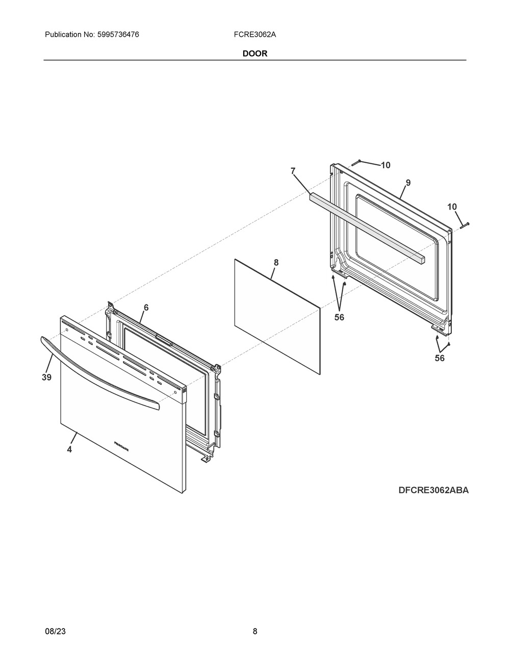 Door Diagram and Parts List for FCRE3062ASA  Frigidaire Range
