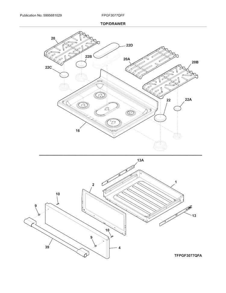 Top/drawer Diagram and Parts List for FPGF3077QFF  Frigidaire Range