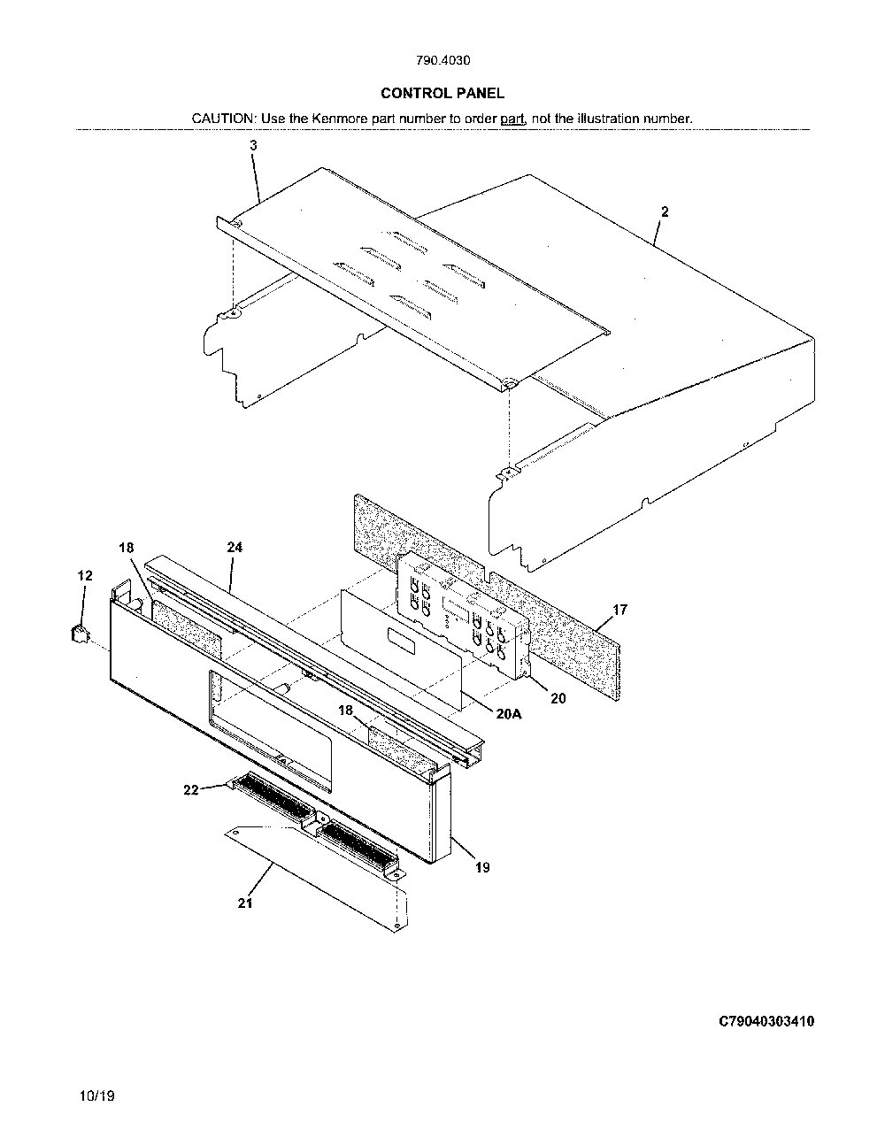 Control panel Diagram and Parts List for 79040309412  Kenmore Wall Oven