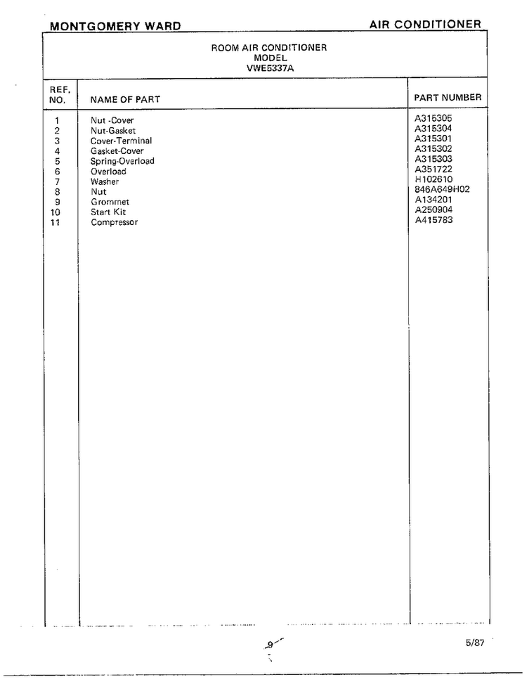 Room Air Conditioner Page 8 Diagram and Parts List for 5337A  Frigidaire Air Conditioner