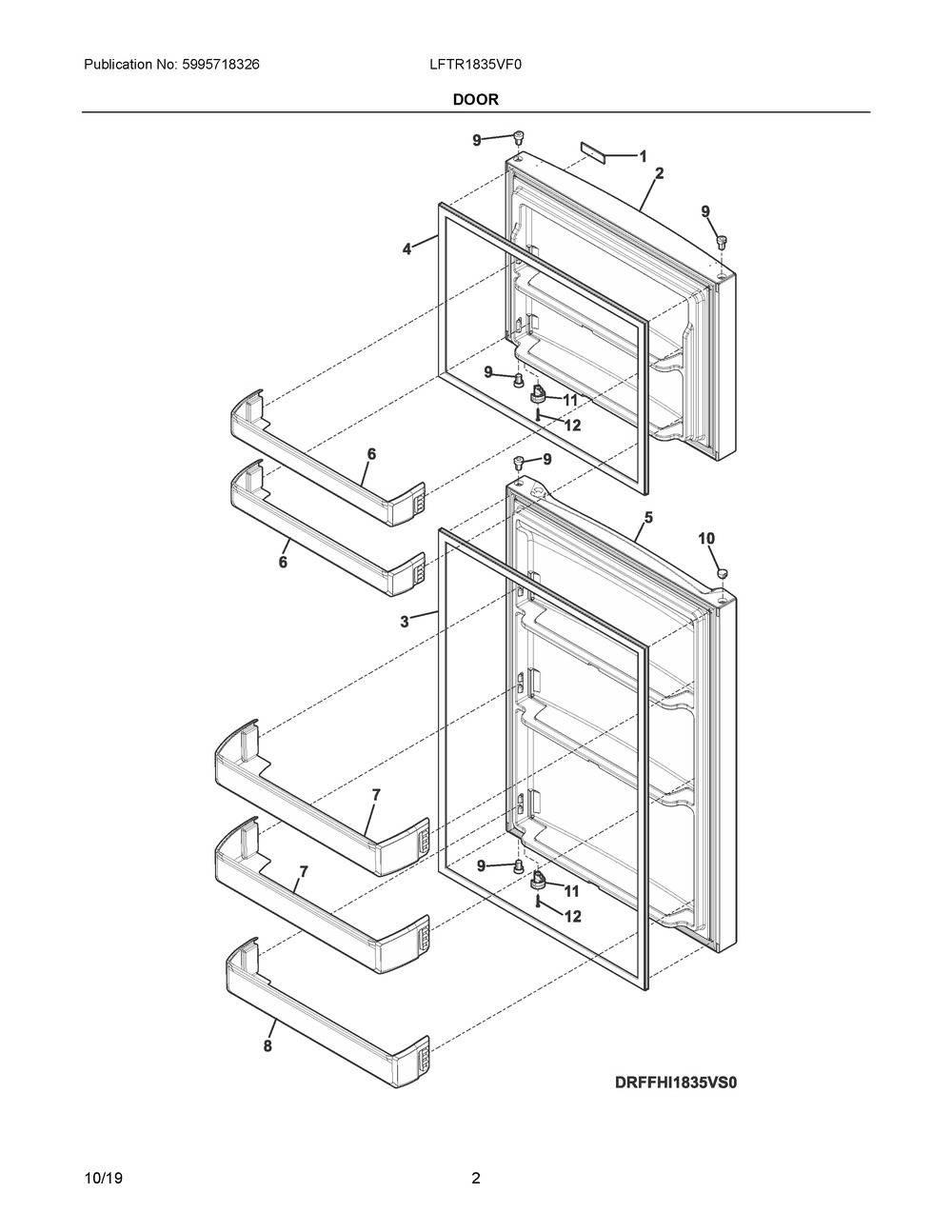Door Diagram and Parts List for LFTR1835VF0  Frigidaire Refrigerator