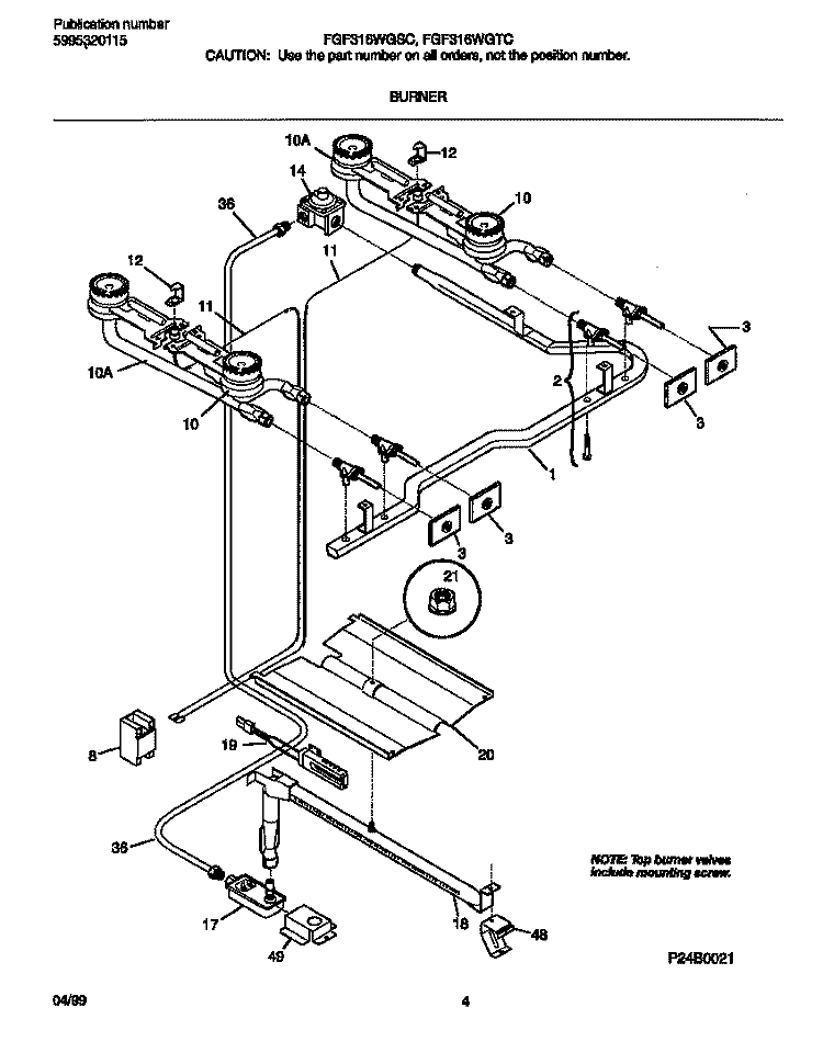 BURNER Diagram and Parts List for FGF316WGSC  Frigidaire Range