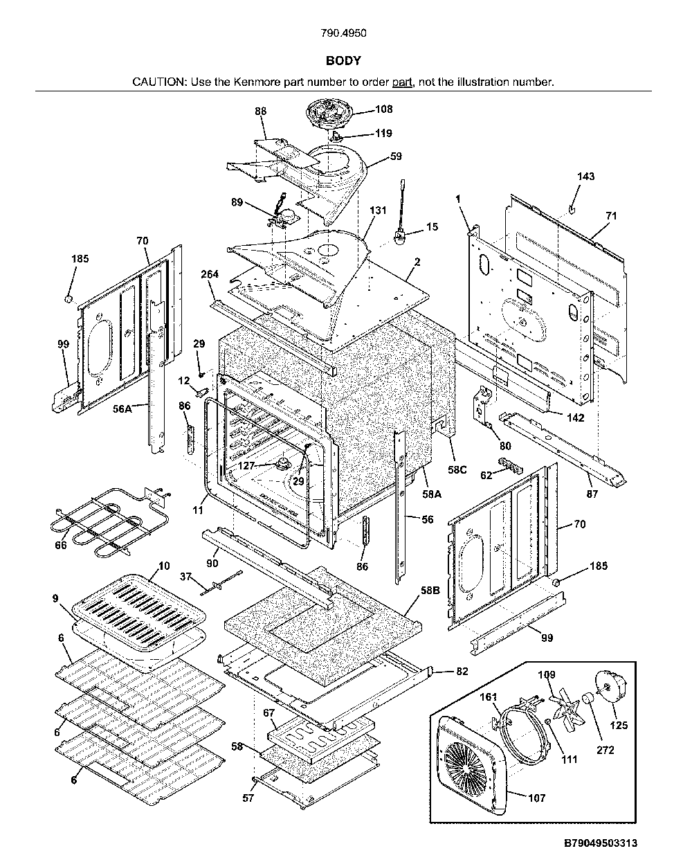 Body Diagram and Parts List for 79049502314  Kenmore Wall Oven