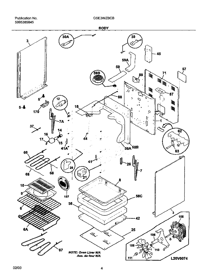 BODY Diagram and Parts List for GSE3WZBCB  Frigidaire Range