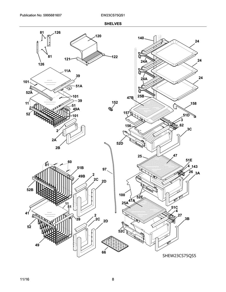 Shelves Diagram and Parts List for EW23CS75QS1  Electrolux Refrigerator