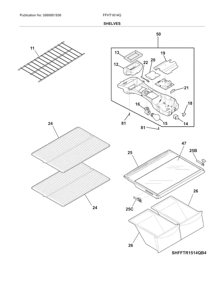 Shelves Diagram and Parts List for FFHT1614QB4  Frigidaire Refrigerator