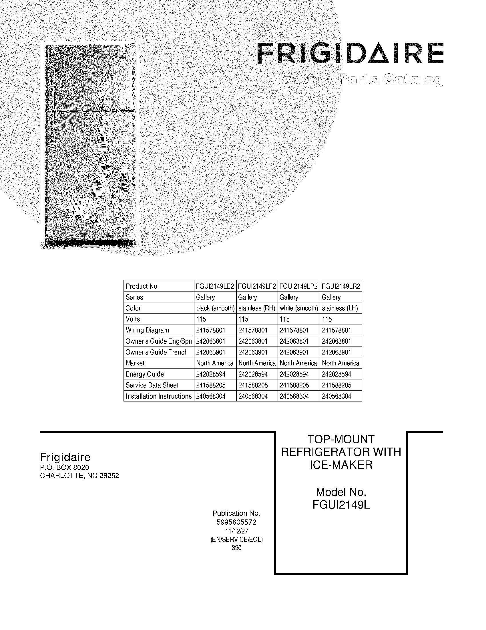 01 - COVER Diagram and Parts List for FGUI2149LF2  Frigidaire Refrigerator
