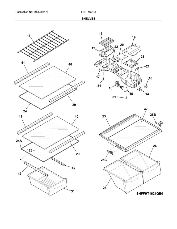 Shelves Diagram and Parts List for FFHT1621QS5  Frigidaire Refrigerator