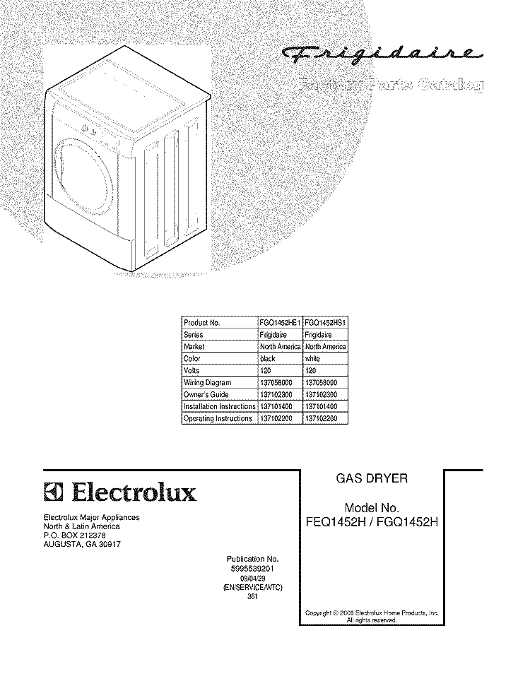 COVER Diagram and Parts List for FGQ1452HE1  Frigidaire Dryer