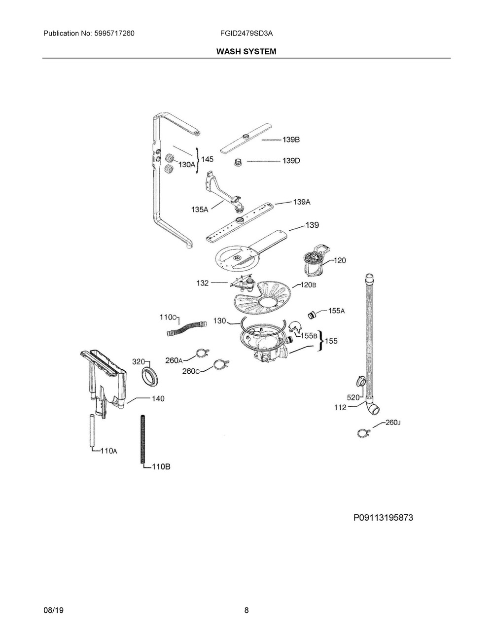 Wash System Diagram and Parts List for FGID2479SD3A  Frigidaire Dishwasher