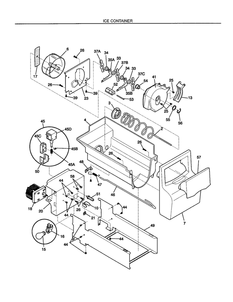 Ice Container Diagram and Parts List for FRS26KR4JW1  Frigidaire Refrigerator