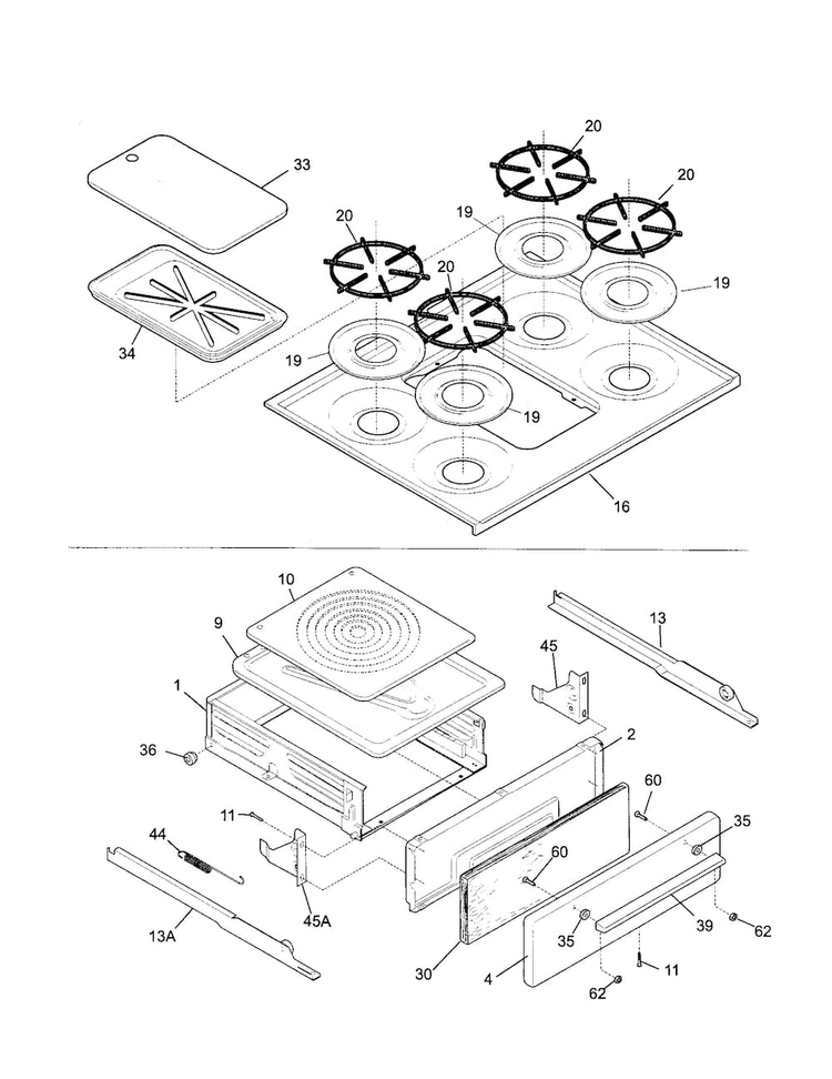 Top/drawer Diagram and Parts List for TGF605WFW4  Tappan Range