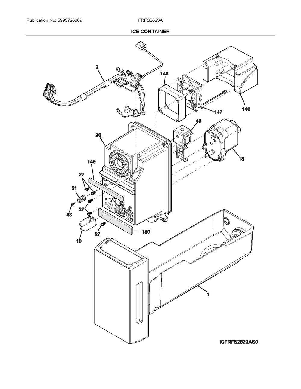 Ice Container Diagram and Parts List for FRFS2823AS0  Frigidaire Refrigerator