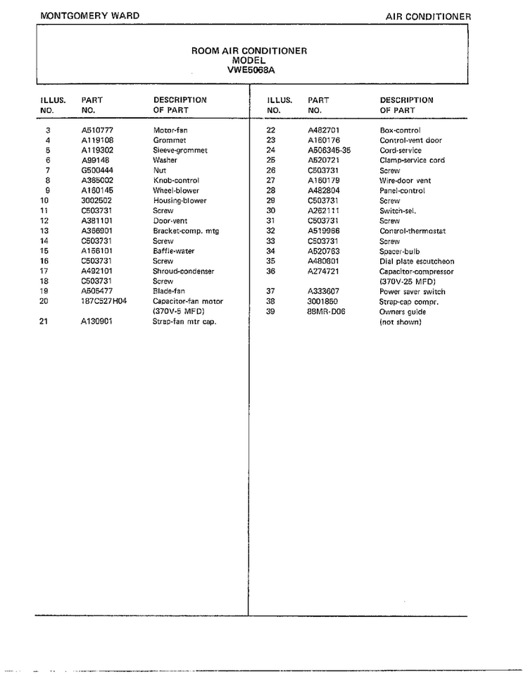 Room Air Conditioner Page 4 Diagram and Parts List for 5068A  Frigidaire Air Conditioner