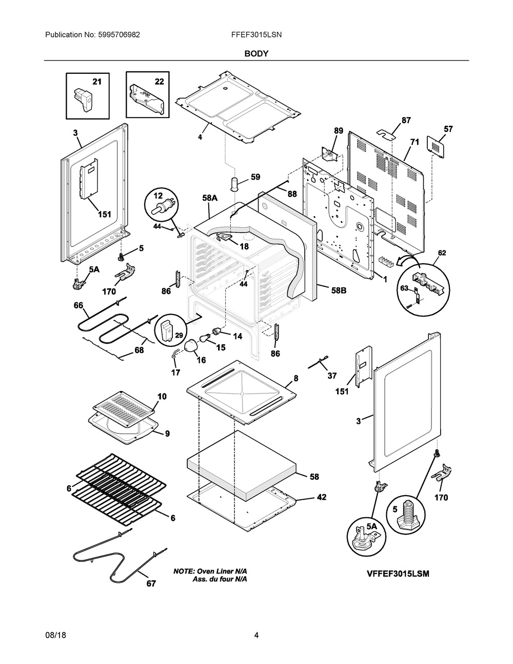 Body Diagram and Parts List for FFEF3015LSN  Frigidaire Range