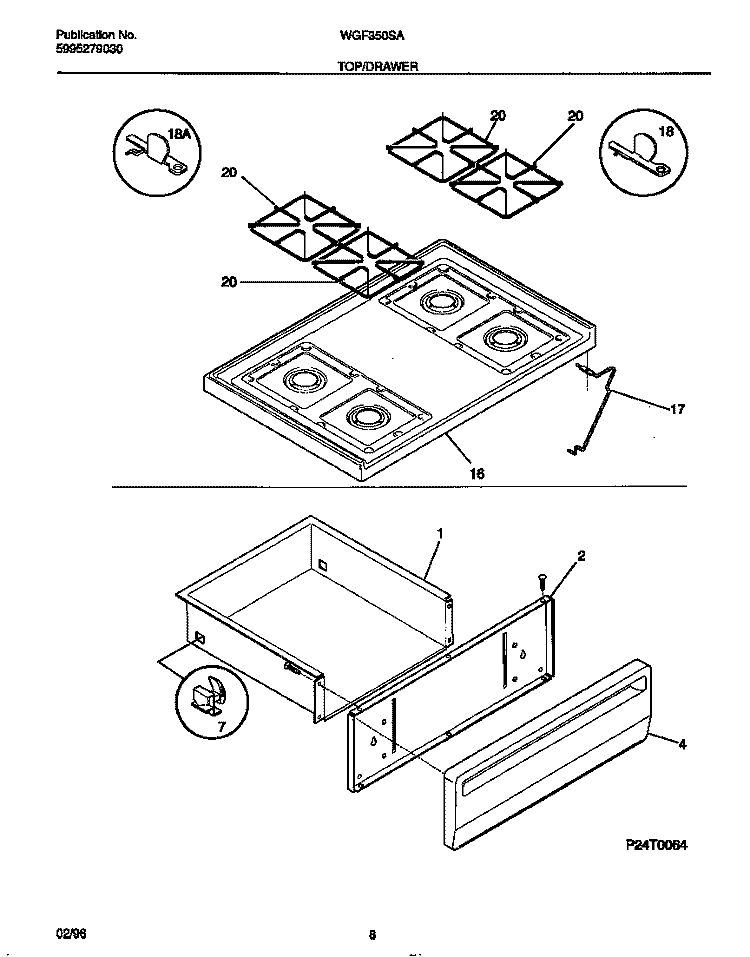 TOP / DRAWER Diagram and Parts List for WGF350SAWD  Frigidaire Range