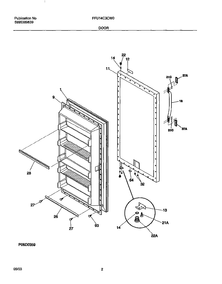 DOOR Diagram and Parts List for FFU14C3CW0  Frigidaire Freezer