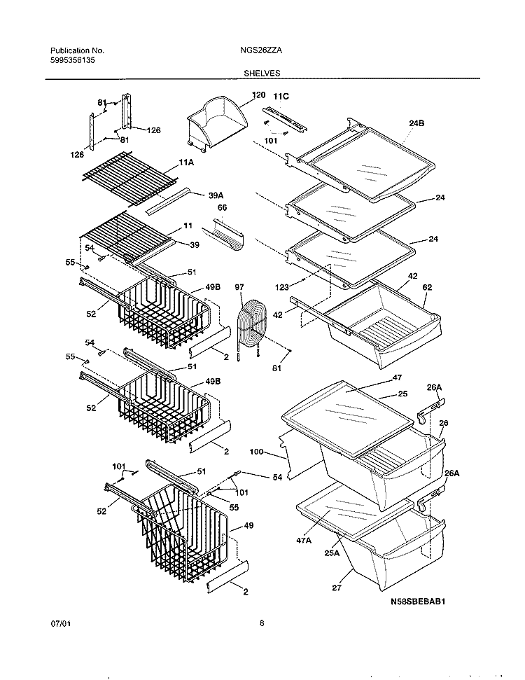 SHELVES Diagram and Parts List for NGS26ZZAB1  Frigidaire Refrigerator