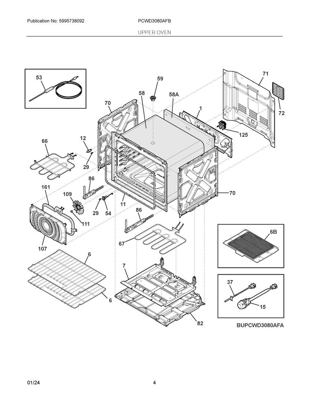 Upper Oven Diagram and Parts List for PCWD3080AFB  Frigidaire Wall Oven