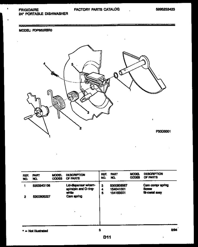 Cam Diagram and Parts List for FDP652RBR0  Frigidaire Dishwasher