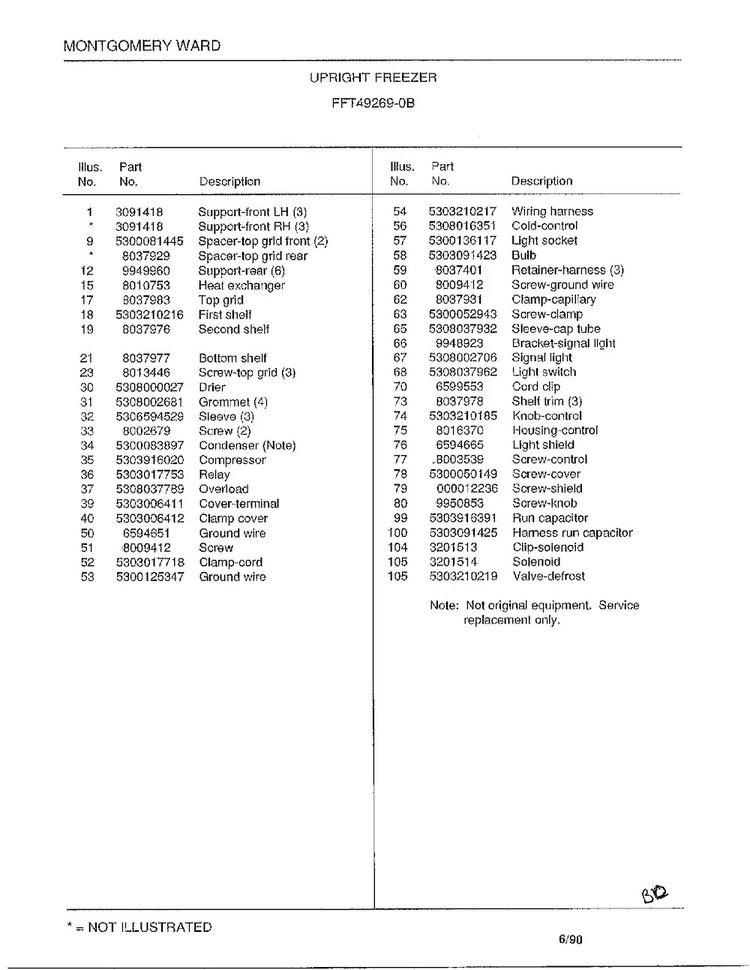Upright Freezer Page 6 Diagram and Parts List for 49269B  Frigidaire Freezer