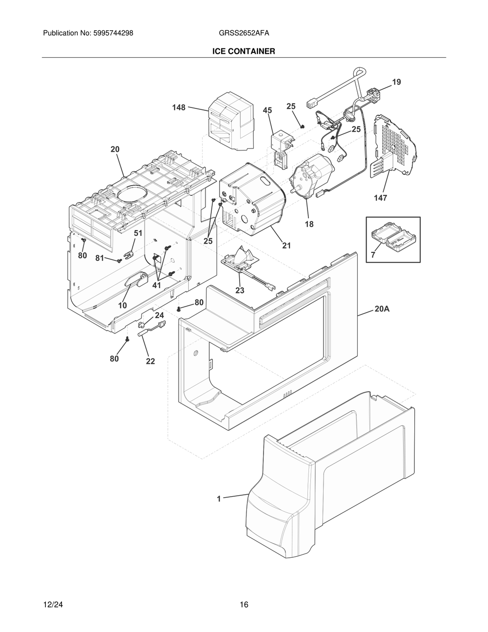 Ice Container Diagram and Parts List for GRSS2652AFA  Frigidaire Refrigerator