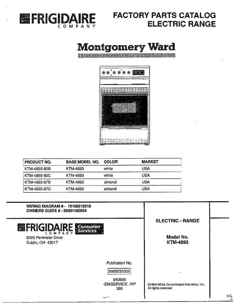 Electric Range Cover Page Diagram and Parts List for 4893-80B  Frigidaire Range