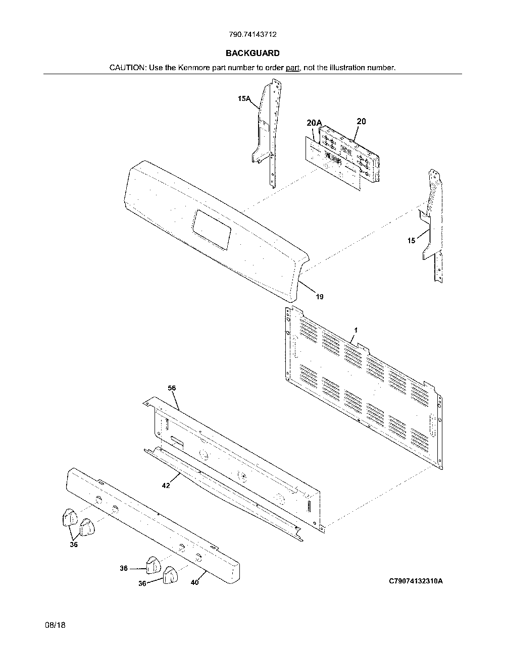 Backguard Diagram and Parts List for 79074143712  Kenmore Range