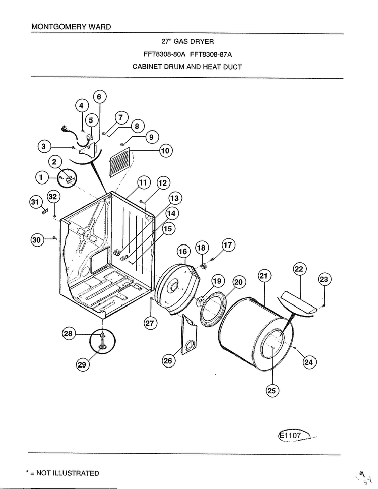 Cabinet Drum And Heat Duct Diagram and Parts List for 8308A  Frigidaire Dryer