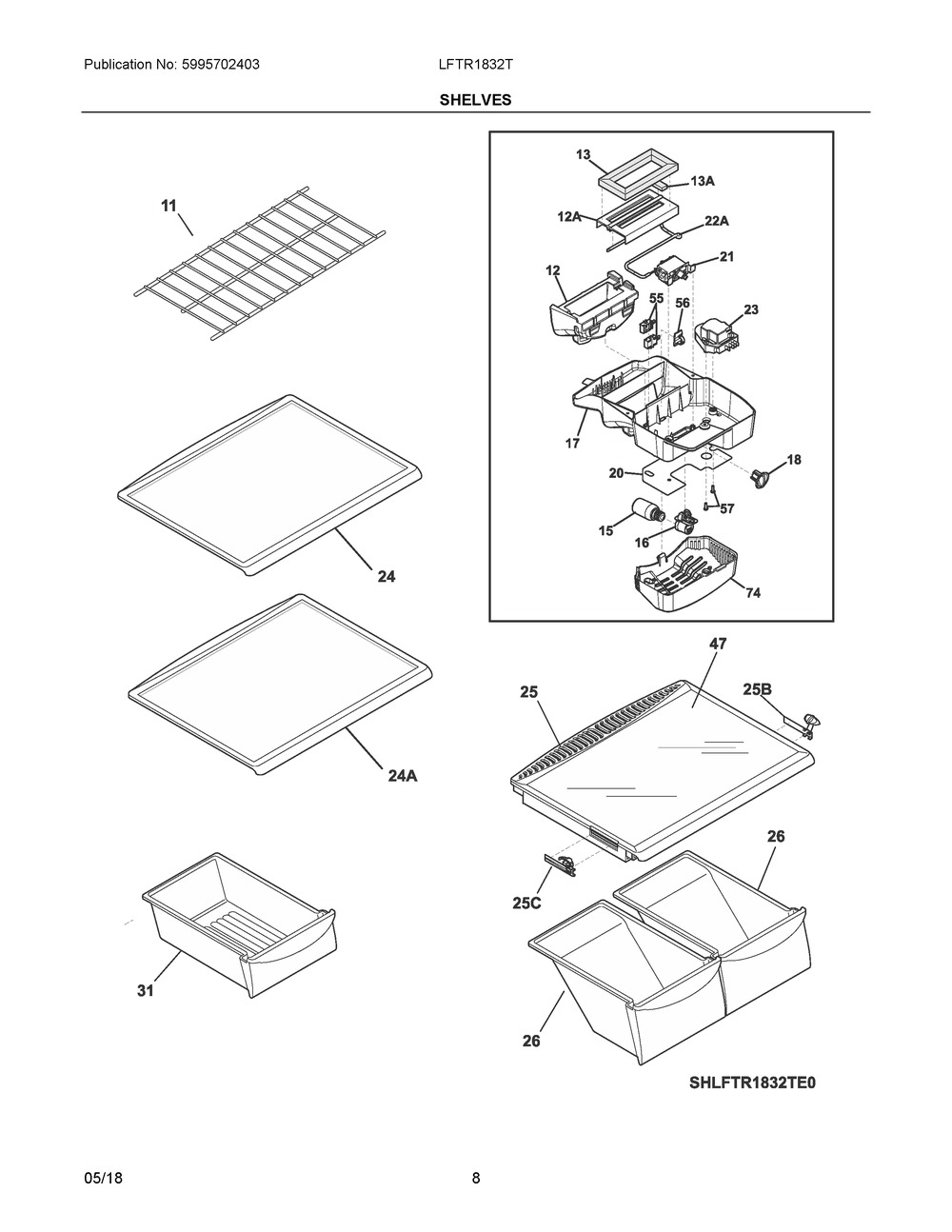Shelves Diagram and Parts List for LFTR1832TE1  Frigidaire Refrigerator